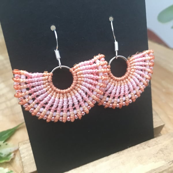 Coral and pink macrame beaded fan earrings, boho girl gift, dangle earrings