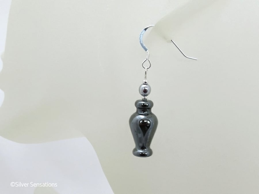 Hematite Vase Shaped Beaded Earrings With Sterling Silver