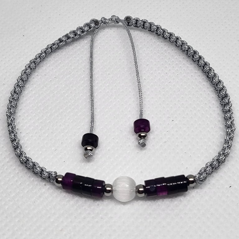 Purple Agate and White Cats Eye Bracelet Adjustable Silver Cord