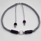 Purple Agate and White Cats Eye Bracelet Adjustable Silver Cord