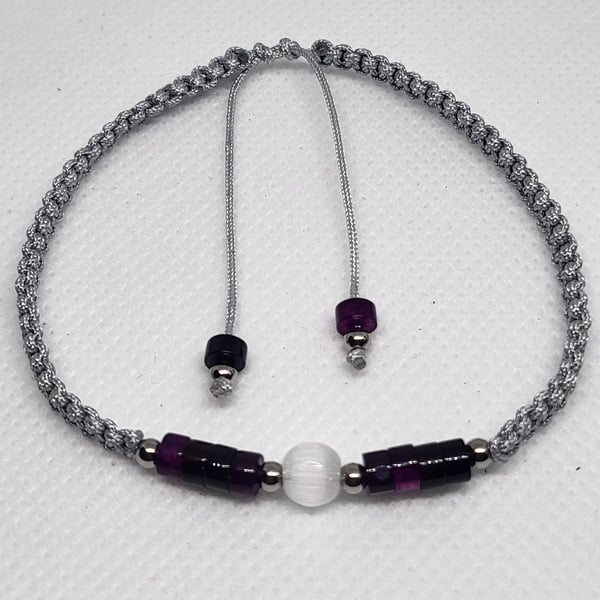 Purple Agate and White Cats Eye Bracelet Adjustable Silver Cord