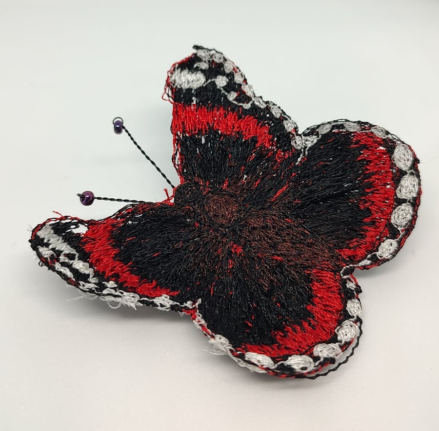 Red Admiral Butterfly Embroidered Textiles Brooch