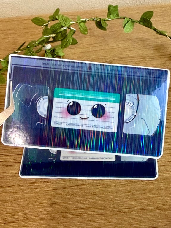 90s Y2K Retro VHS Tape Sticker - Cute Kawaii Blushing Holographic Vinyl Decal
