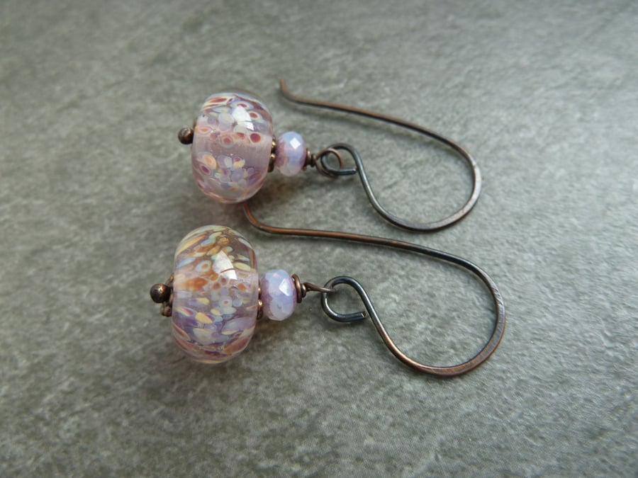 copper earrings, purple lampwork glass beads