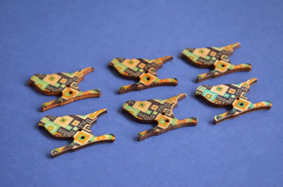 Wooden Bird Buttons Retro Green Yellow Black Mint 6pk 30x20mm (BD8)