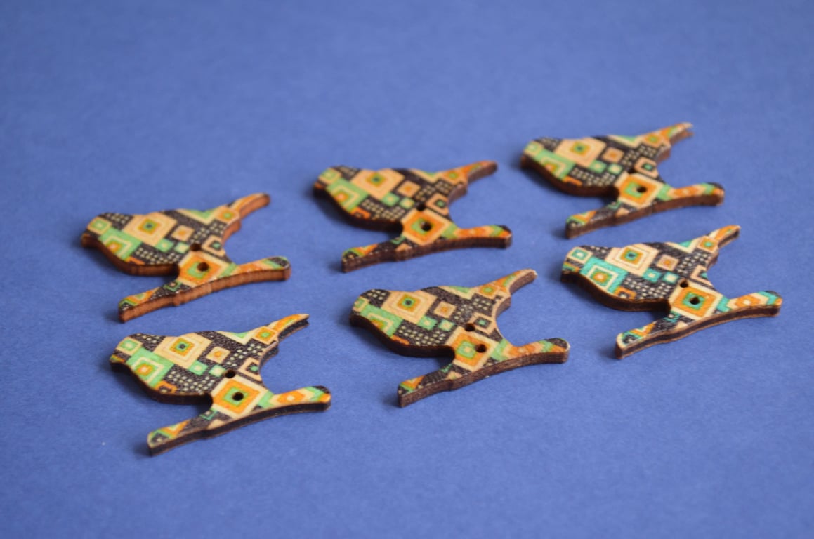 Wooden Bird Buttons Retro Green Yellow Black Mint 6pk 30x20mm (BD8)