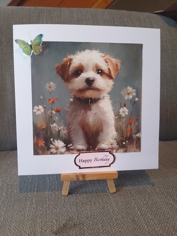 Fluffy Dog and Flowers large handmade birthday card