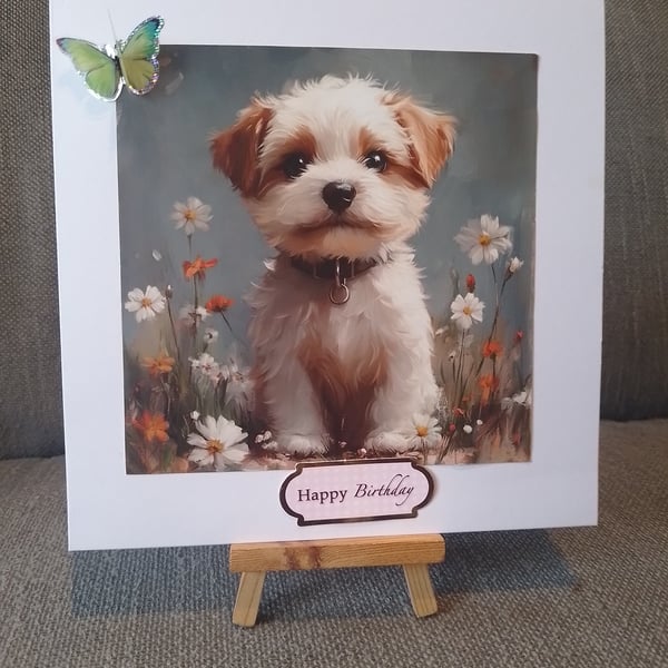 Fluffy Dog and Flowers large handmade birthday card