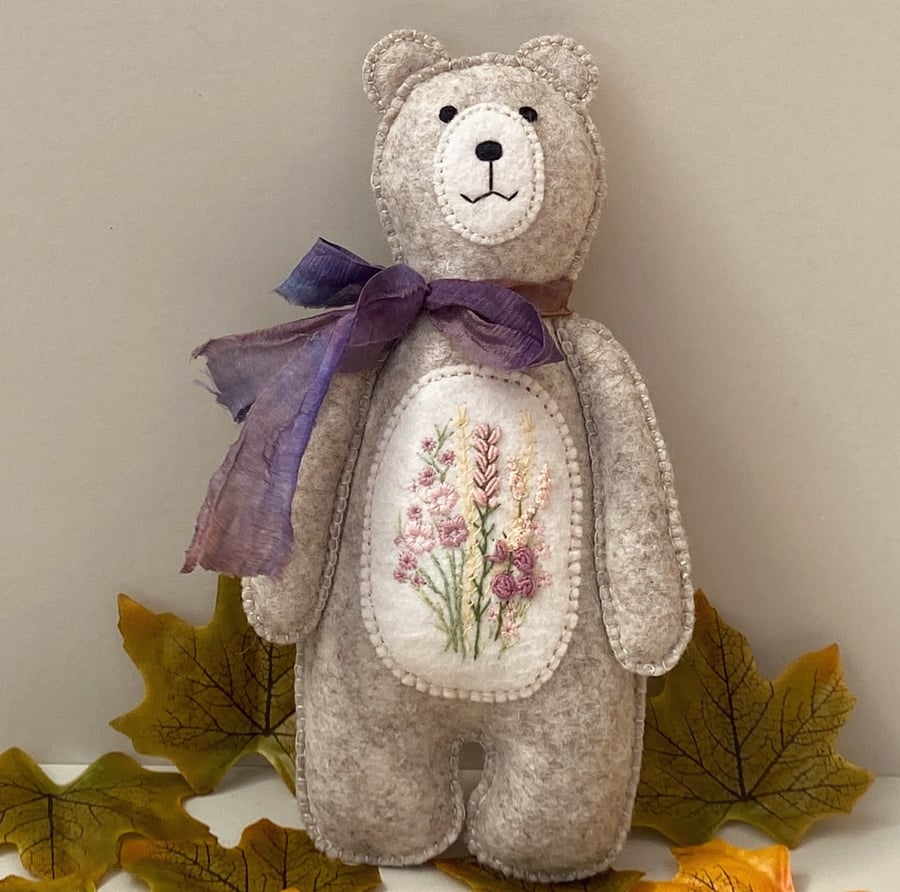 Teddy bear, handmade woodland felt bear, hand embroidered keepsake gift