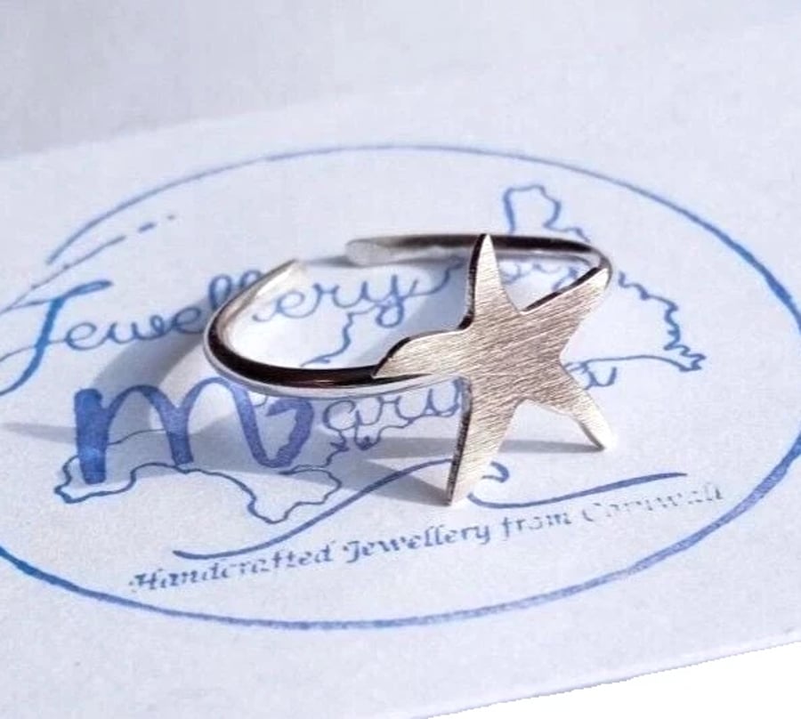 Starfish Signet Ring Adjustable Sterling Silver Jewellery Gift Brushed Finish