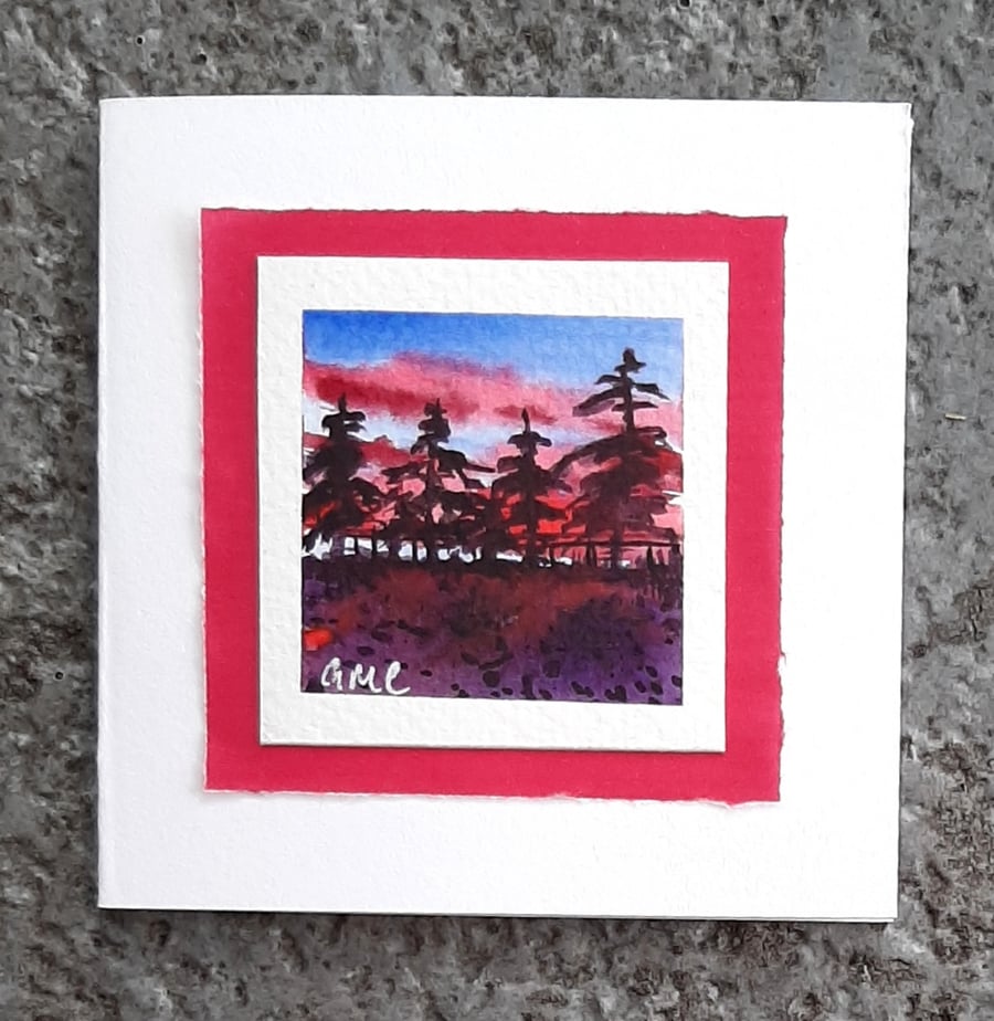 Blank Handpainted Card Of A Sunset And Trees.  Beautiful Notelet Gift 