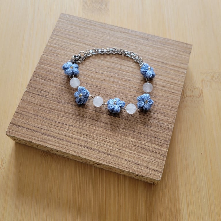 Handmade Blue Blossom Bracelet — Crochet Flower & Milky Quartz