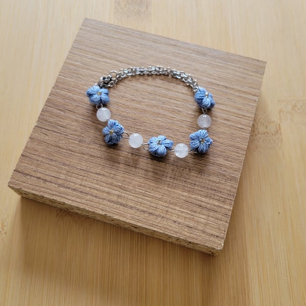 Handmade Blue Blossom Bracelet — Crochet Flower & Milky Quartz