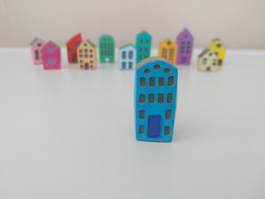 Handmade Mini Clay House - Blue Painted Village Decor