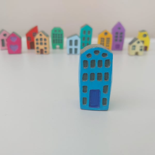 Handmade Mini Clay House - Blue Painted Village Decor