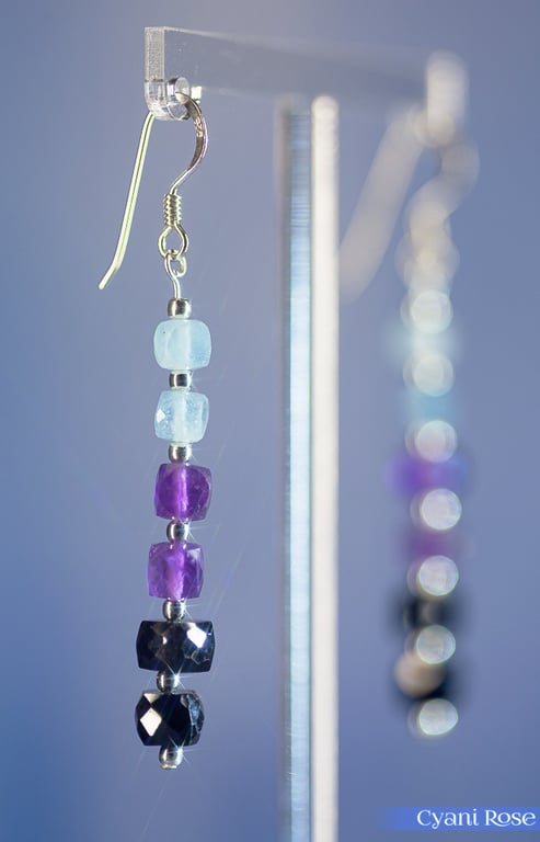 Earrings in Aquamarine, Amethyst, Black Spinel and Sterling Silver dangle design