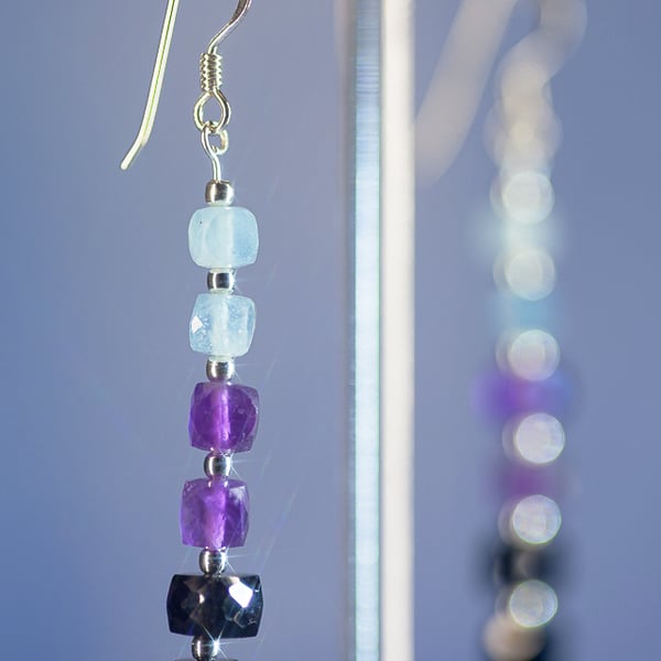 Earrings in Aquamarine, Amethyst, Black Spinel and Sterling Silver dangle design