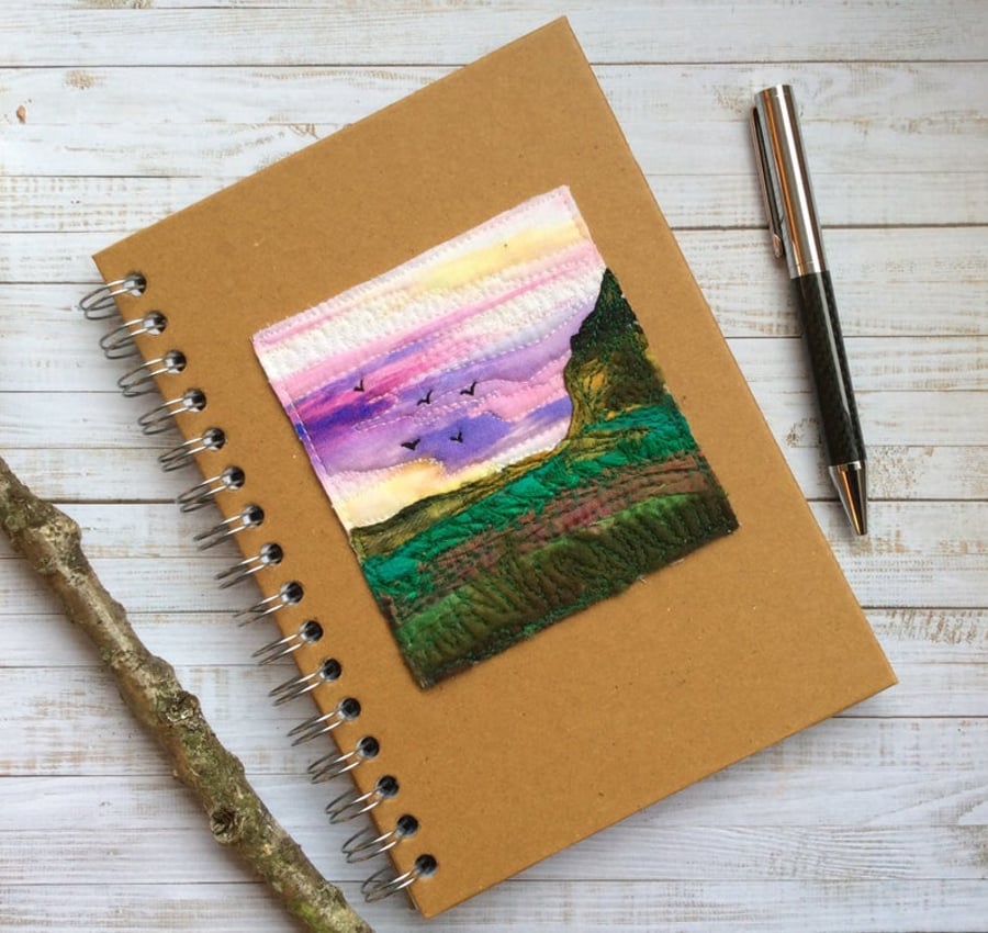 Embroidered up-cycled sunset landscape notebook. Recycled A5 lined notebook. 