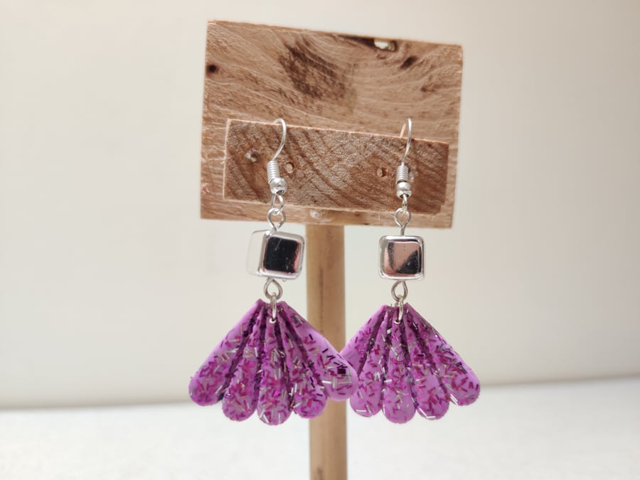 Purple glitter fan dangle earrings