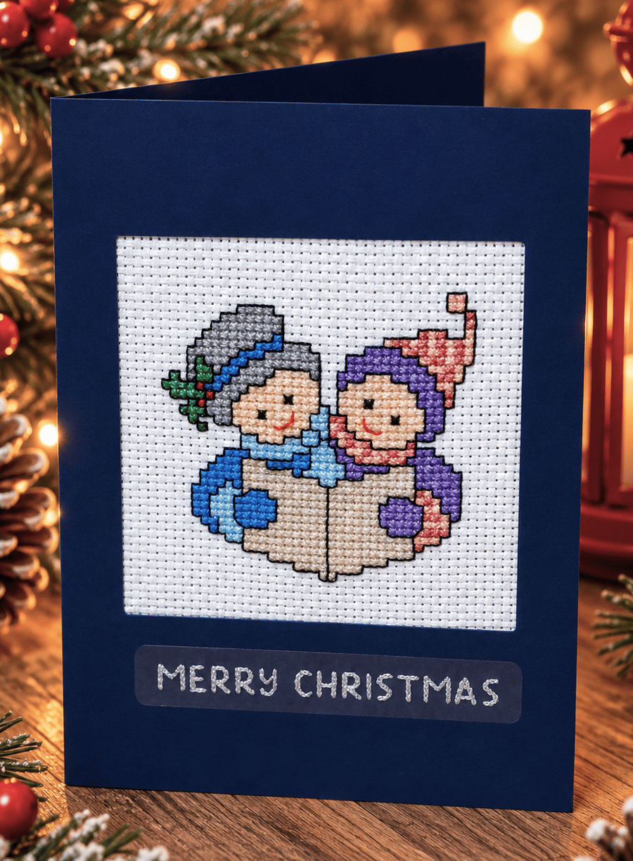 Handmade Cross Stitch Christmas Card – Traditional Carol Singers – 6 x 4 Inch