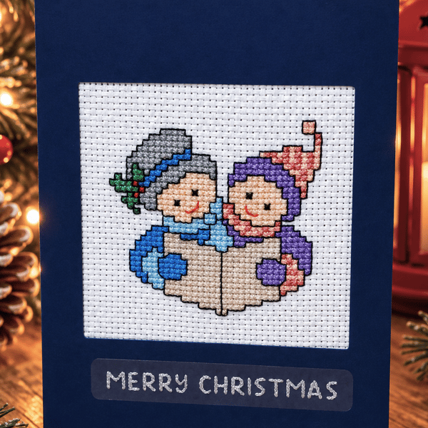 Handmade Cross Stitch Christmas Card – Traditional Carol Singers – 6 x 4 Inch