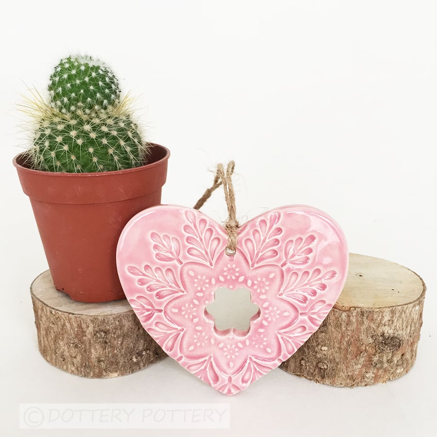 Ceramic heart hanging decoration Pottery Heart Folk art love heart PINK