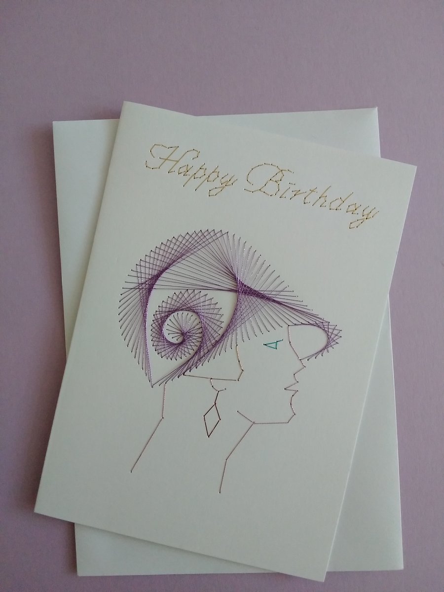 Hand Embroidered Lady in Bucket Hat Birthday Card.