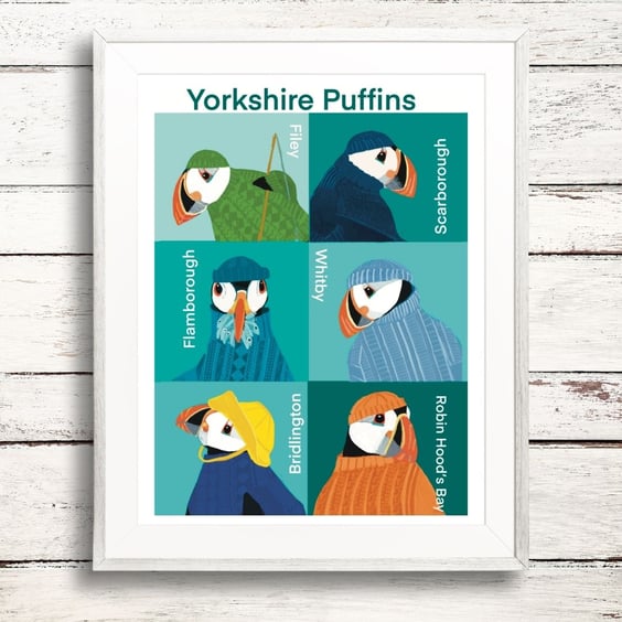 Yorkshire Puffins In Ganseys Coastal art print