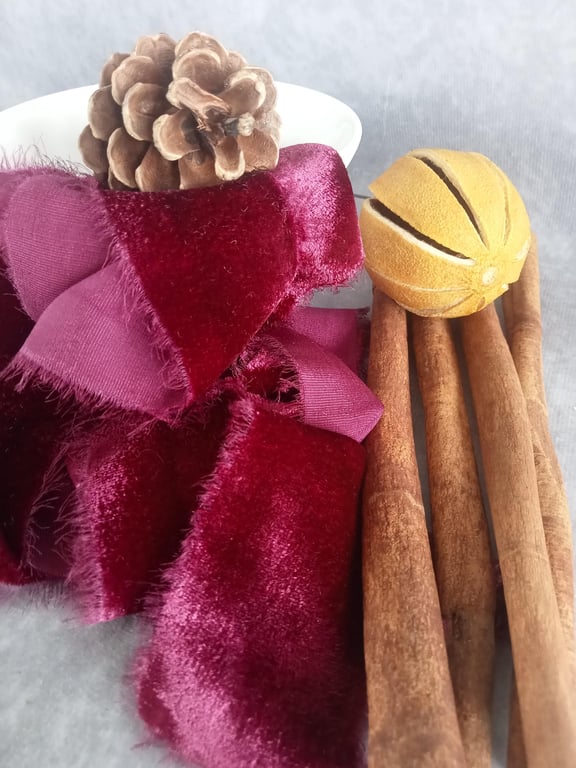 Crushed Berry Red Hand-Dyed Silk Velvet Ribbon: Bridal Bouquet Ribbon, Christmas