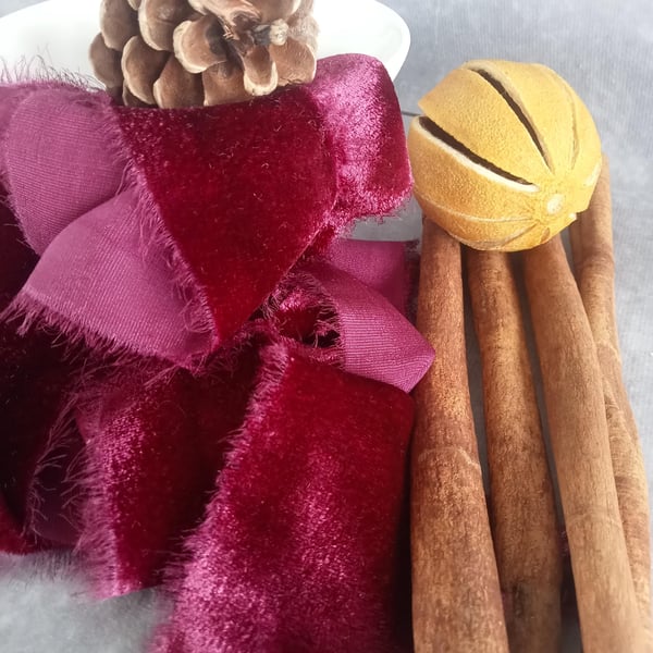 Crushed Berry Red Hand-Dyed Silk Velvet Ribbon: Bridal Bouquet Ribbon, Christmas