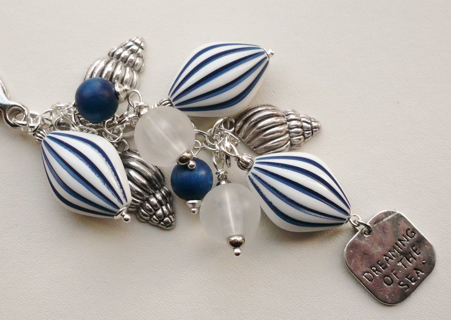 Handbag Charm Blue and White Striped Bead  Silver Shell Themed  KCJ1629