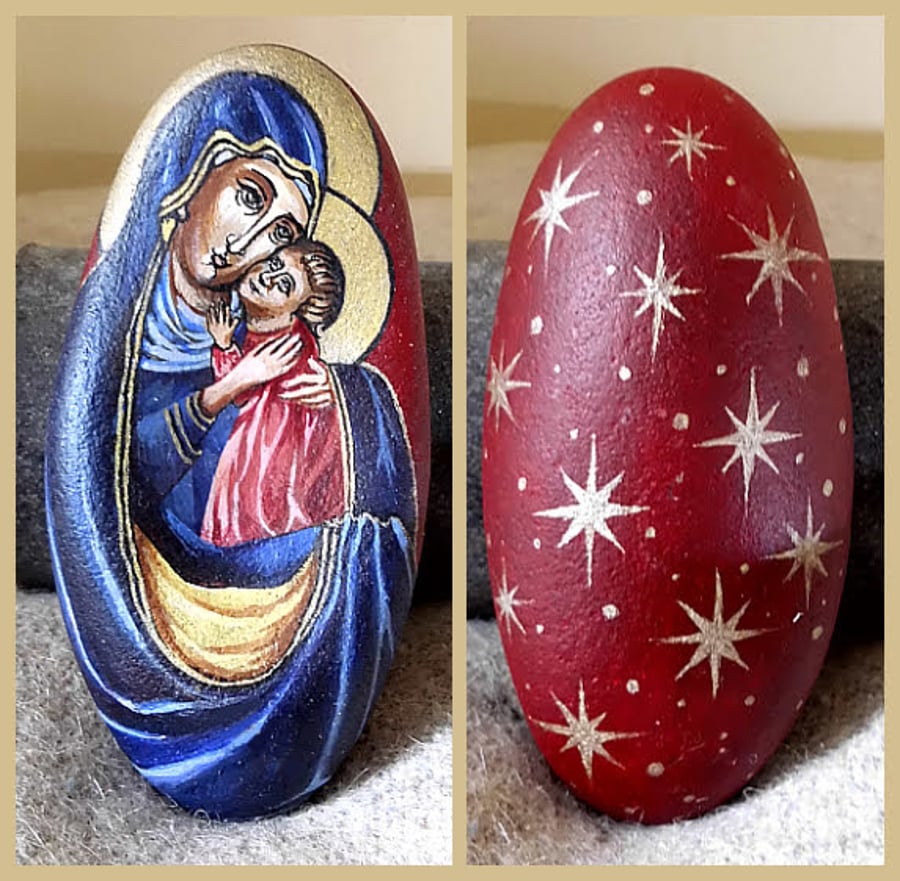 Madonna and Child Hand painted pebble.