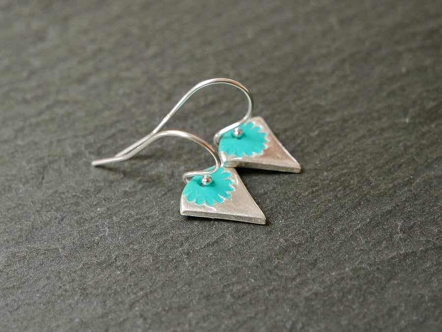 Fine Silver Earrings - Triangle flowers turquoise