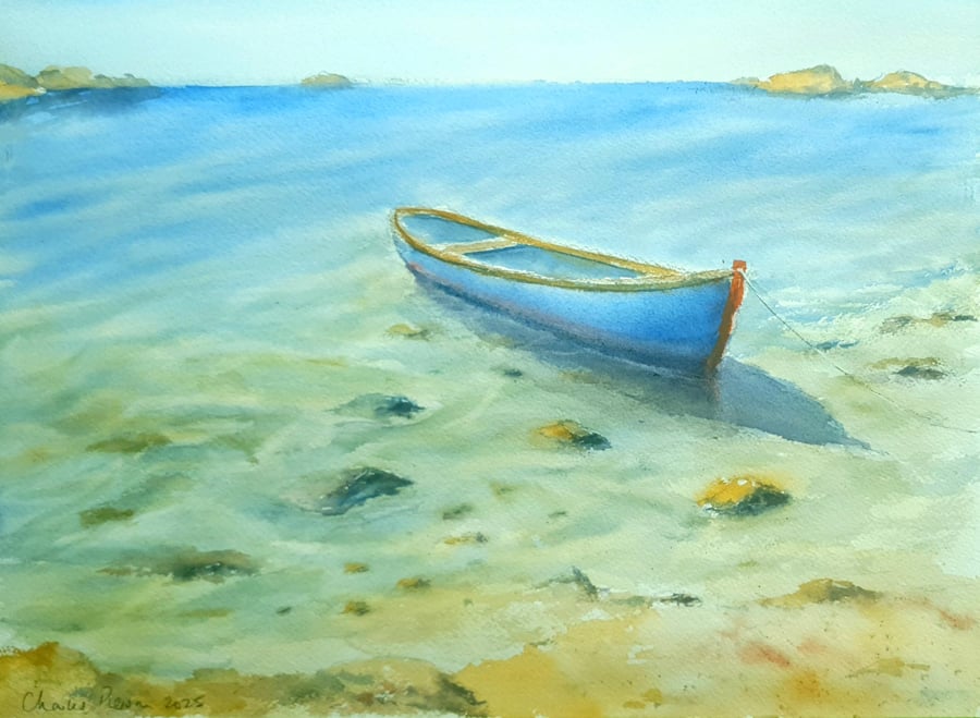 Original Watercolour Seascape. Crystal Waters with Boat. 15x11 inches