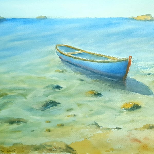 Original Watercolour Seascape. Crystal Waters with Boat. 15x11 inches