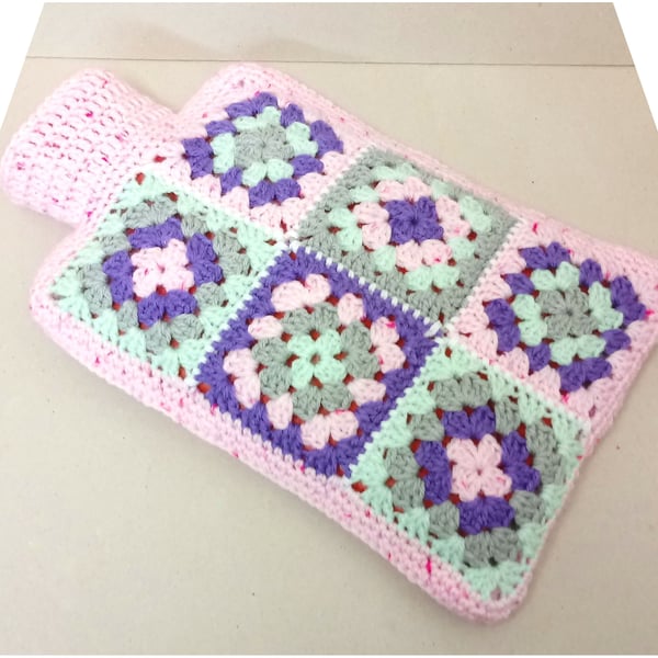 Hot water bottle cover pink, purple, mint and grey, crocheted hot bottle cozy