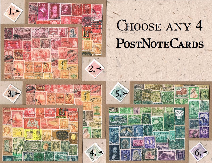CHOOSE ANY 4 COLLAGE NOTECARDS, mixed card set - Postage Stamp Print
