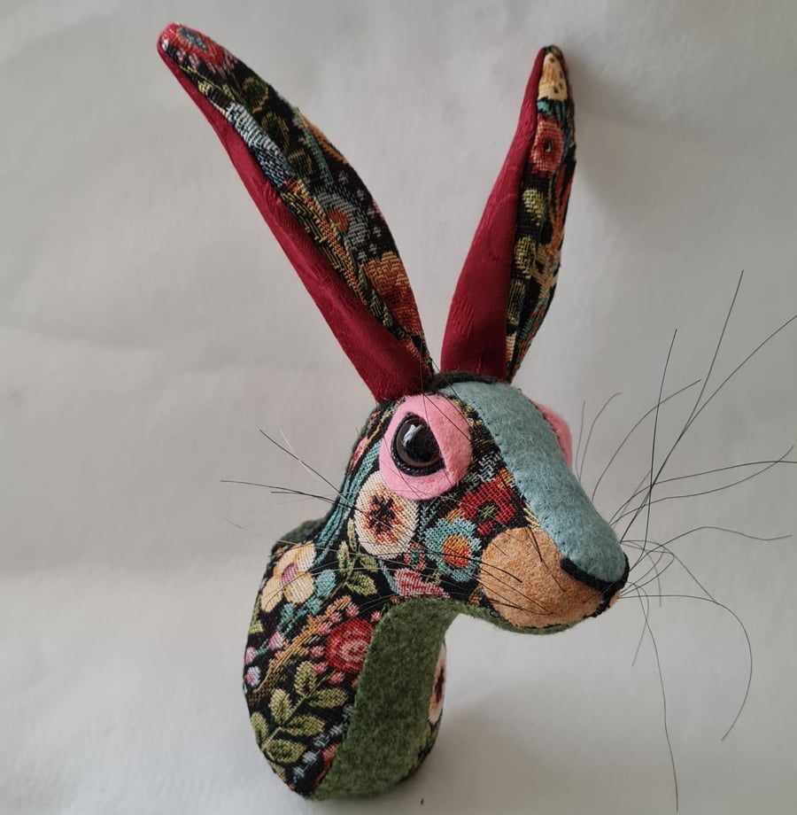Faux hare head wall mount in floral tapestry  fabric - Hygge