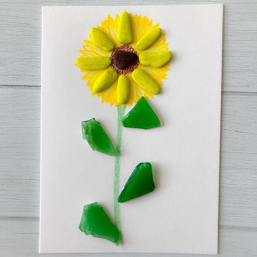 Sunflower  card with pebbles and sea glass from Cornish beaches 