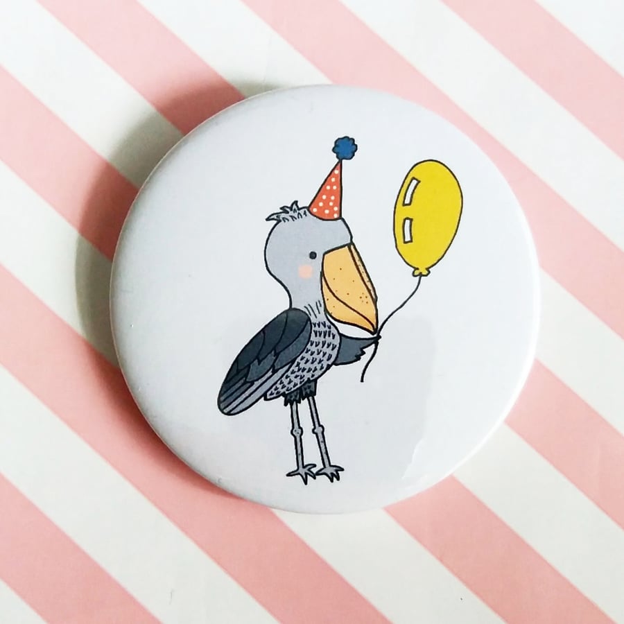birthday shoebill  58mm pin badge, handmade birthday badge