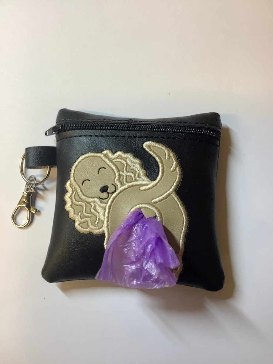 Attractive  Spaniel Embroidered Black faux leather dog poo bag ,dog walking,