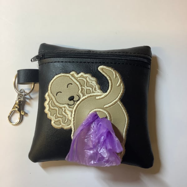 Attractive  Spaniel Embroidered Black faux leather dog poo bag ,dog walking,