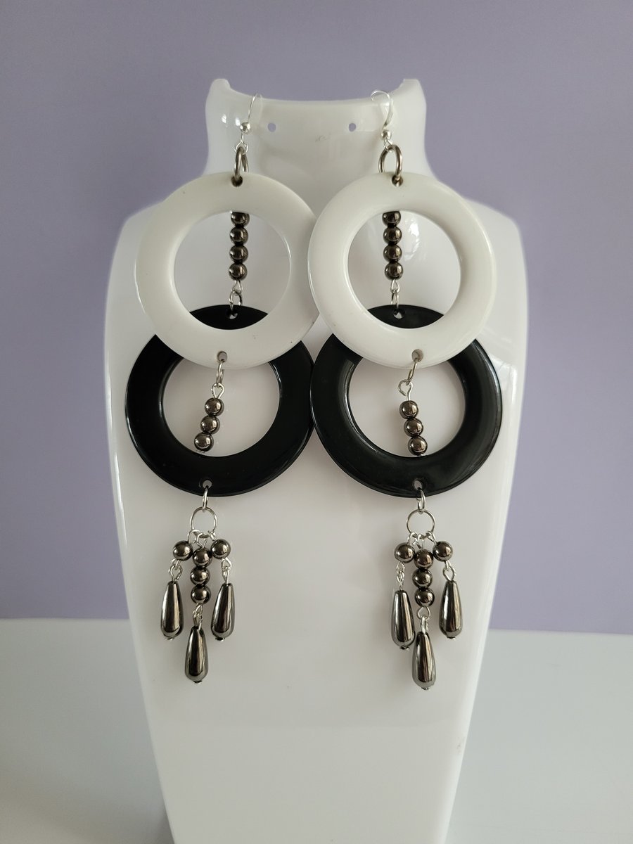 Black and White Upcycled Statement Earrings. Clip on or Nickel Free Wires