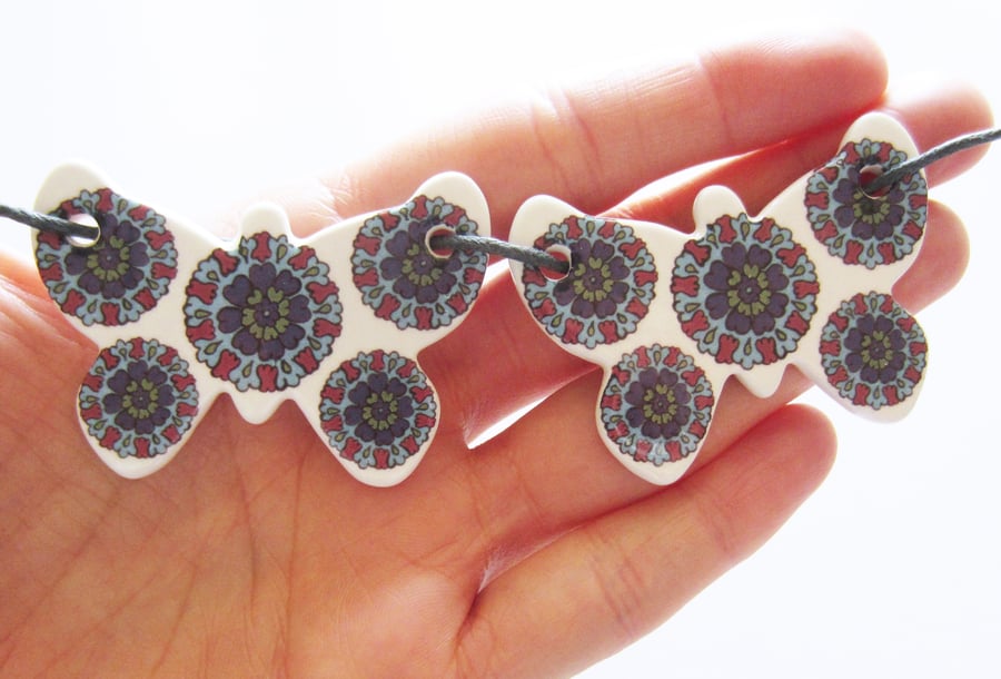 Ottoman Inspired Flower Pattern Double Butterfly Ceramic Pendant Necklace
