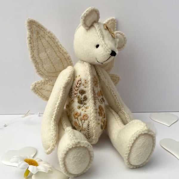 Collectable fairy teddy bear, hand sewn and embroidered artist bear. OOAK