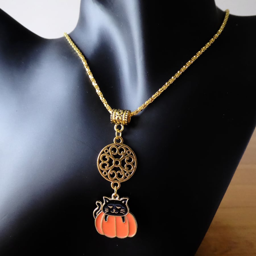 Floral Charm with Enamelled Black Cat & Pumpkin Pendant Necklace