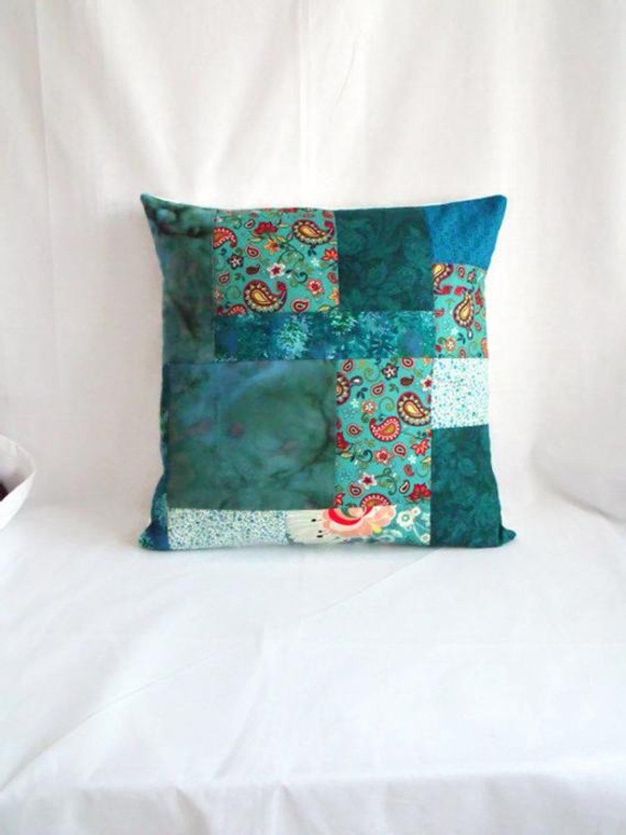 turquoise patchwork scatter cushion, quilted jade pillow slip, 16 x 16 inch