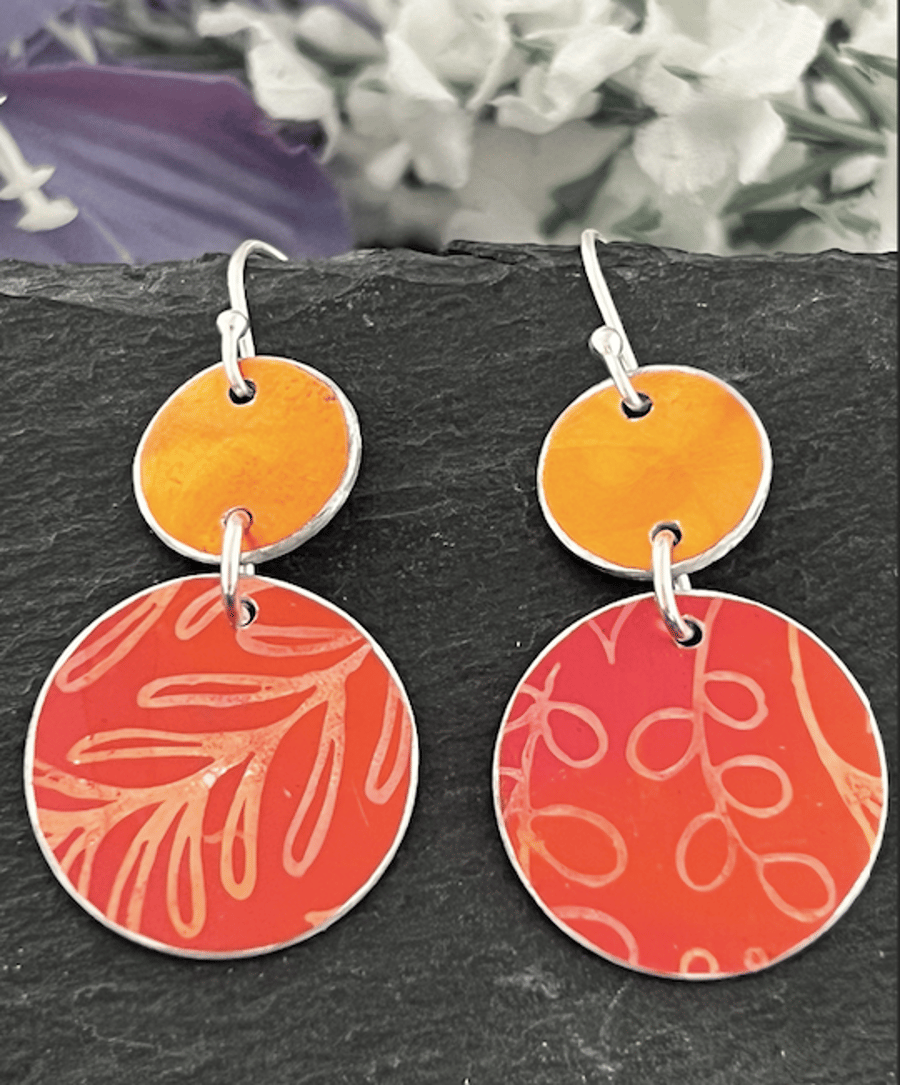 Printed Aluminium and sterling silver heart earrings - Orange Leaf Print