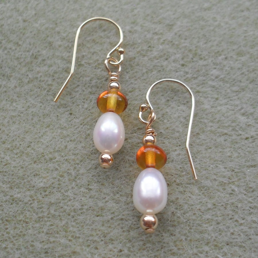 Gold Filled Freshwater Pearls with Baltic Amber Drop Earrings