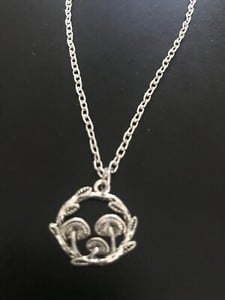 mushrooms in grass pendant necklace silver plated 18" curb chain